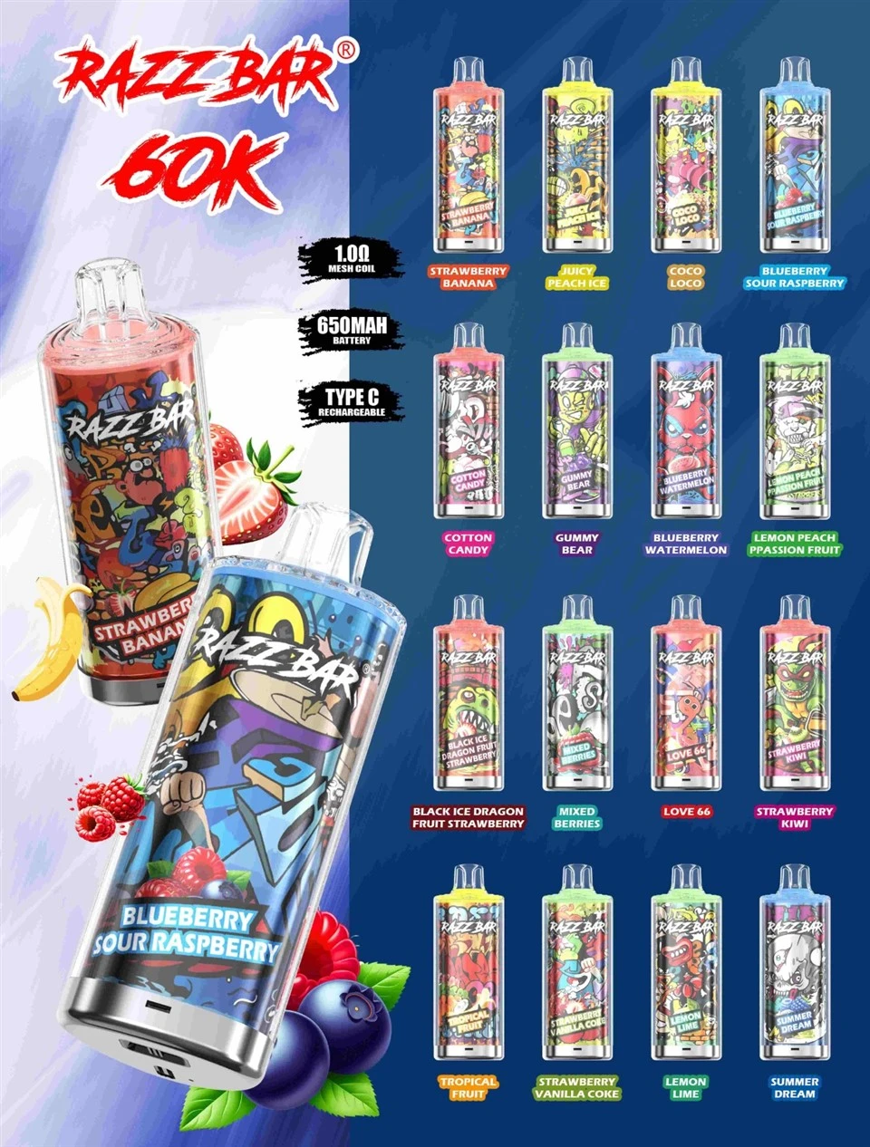 EU Warehouse Razz Bar 60K 60000 Puff Vape Wholesale high quality